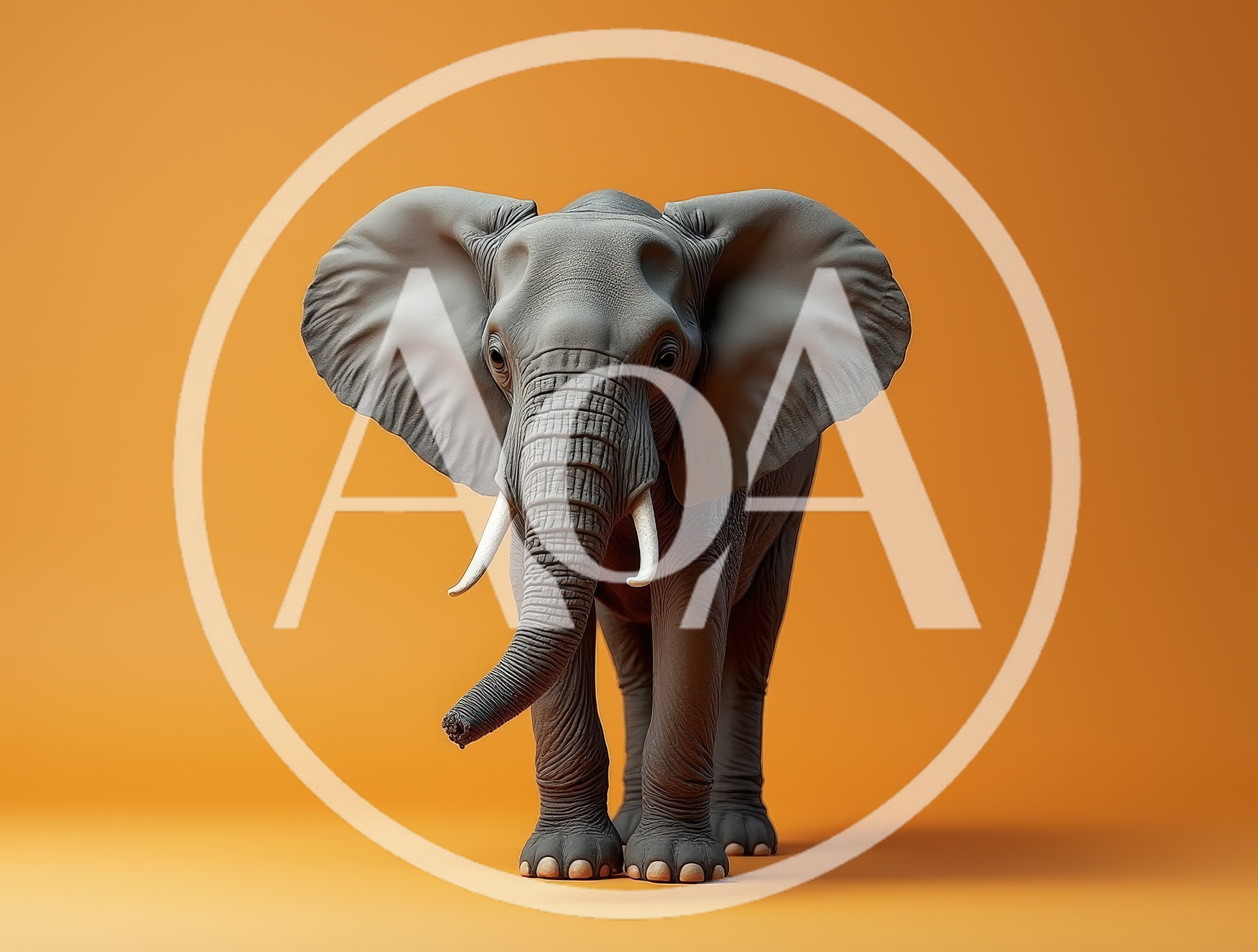 Majestic African Elephant Standing Against Solid Orange Background