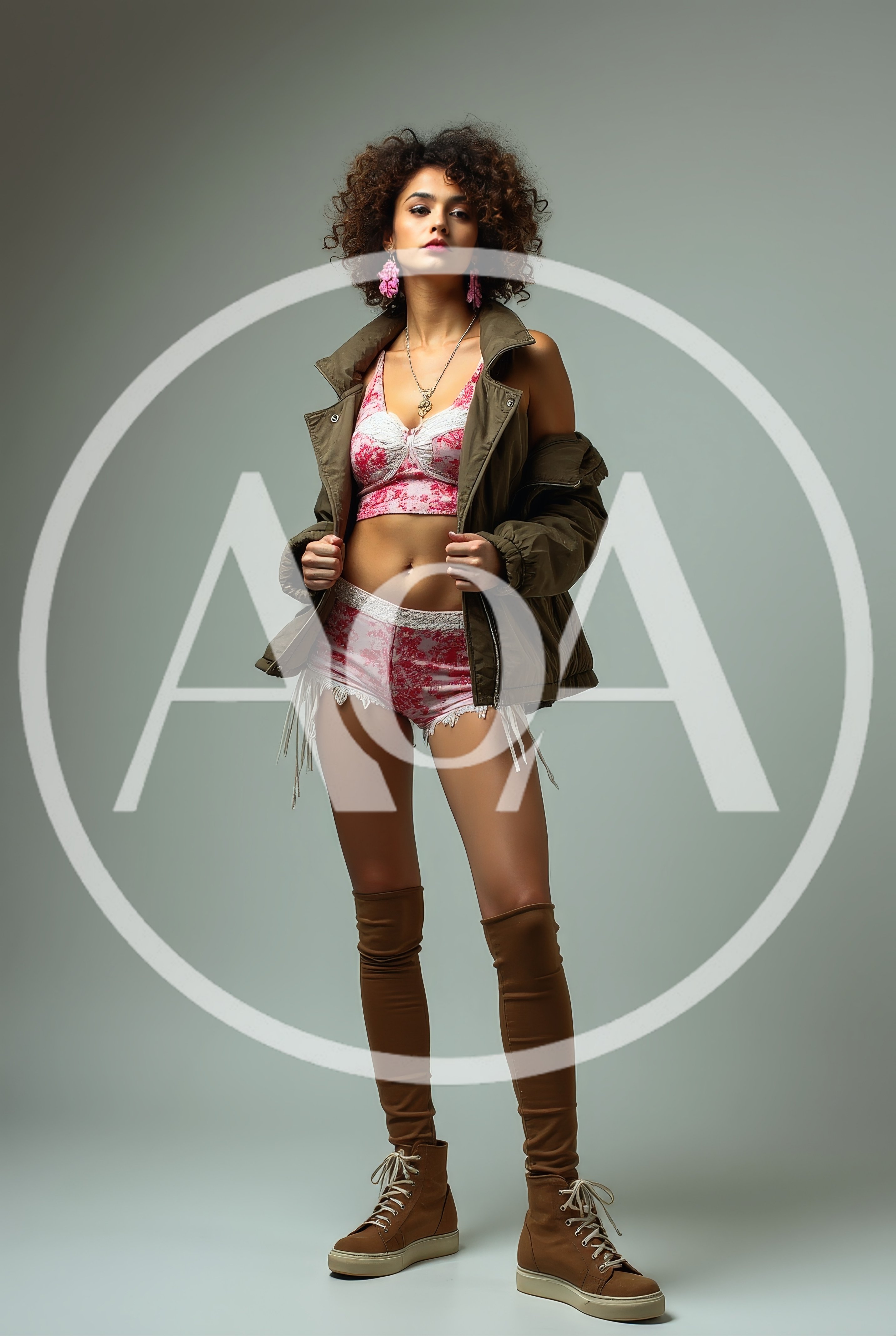 Fashion Model Posing In Floral Lingerie And Jacket