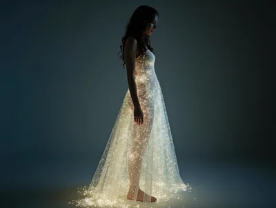 Woman Wearing A Glowing Fiber Optic Dress