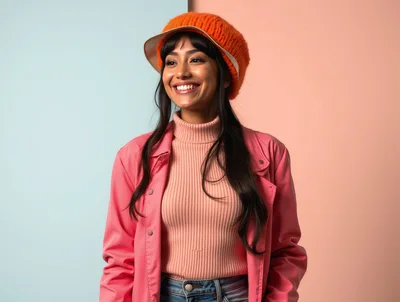 Smiling Young Woman Wearing Pink Jacket And Orange Hat