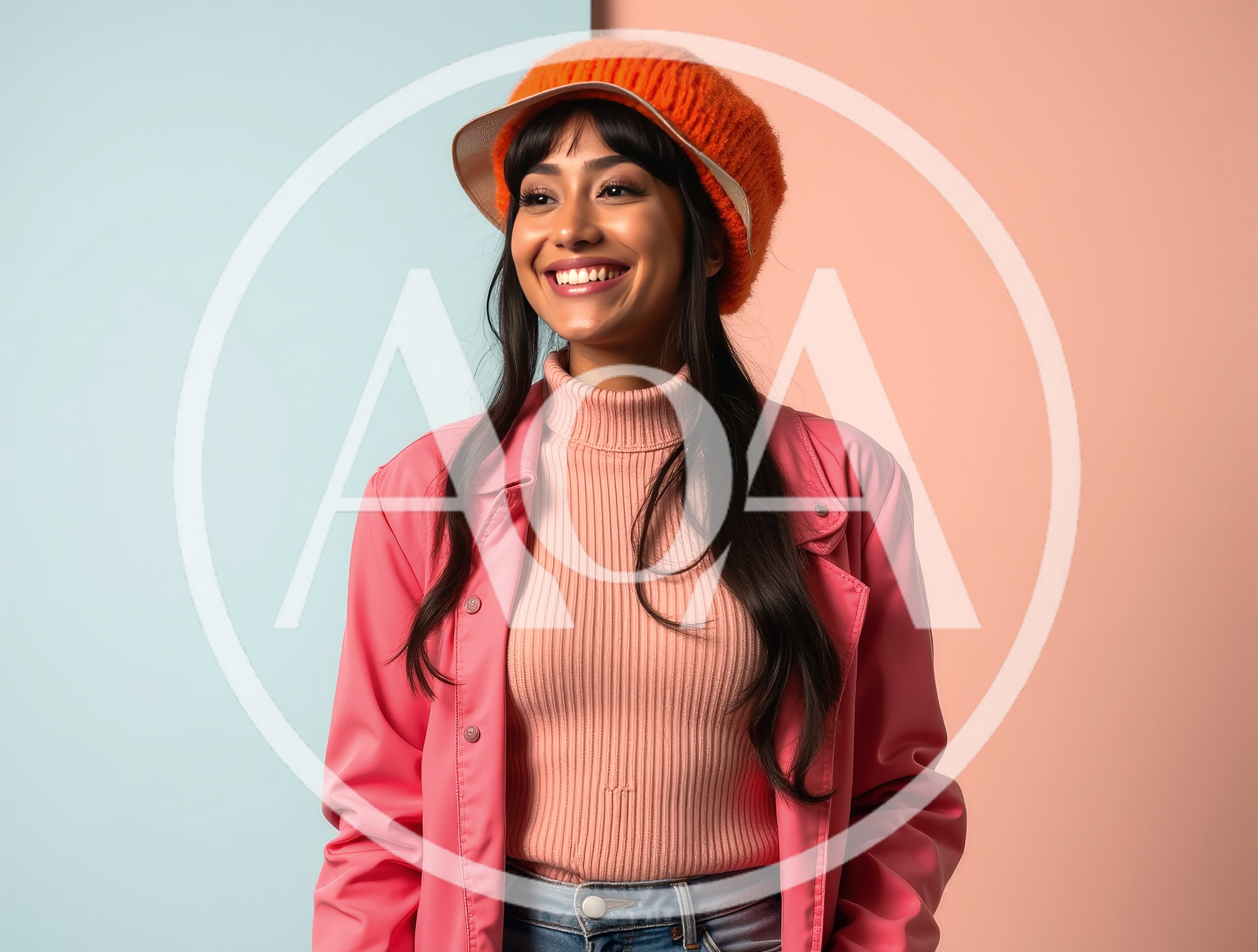 Smiling Young Woman Wearing Pink Jacket And Orange Hat