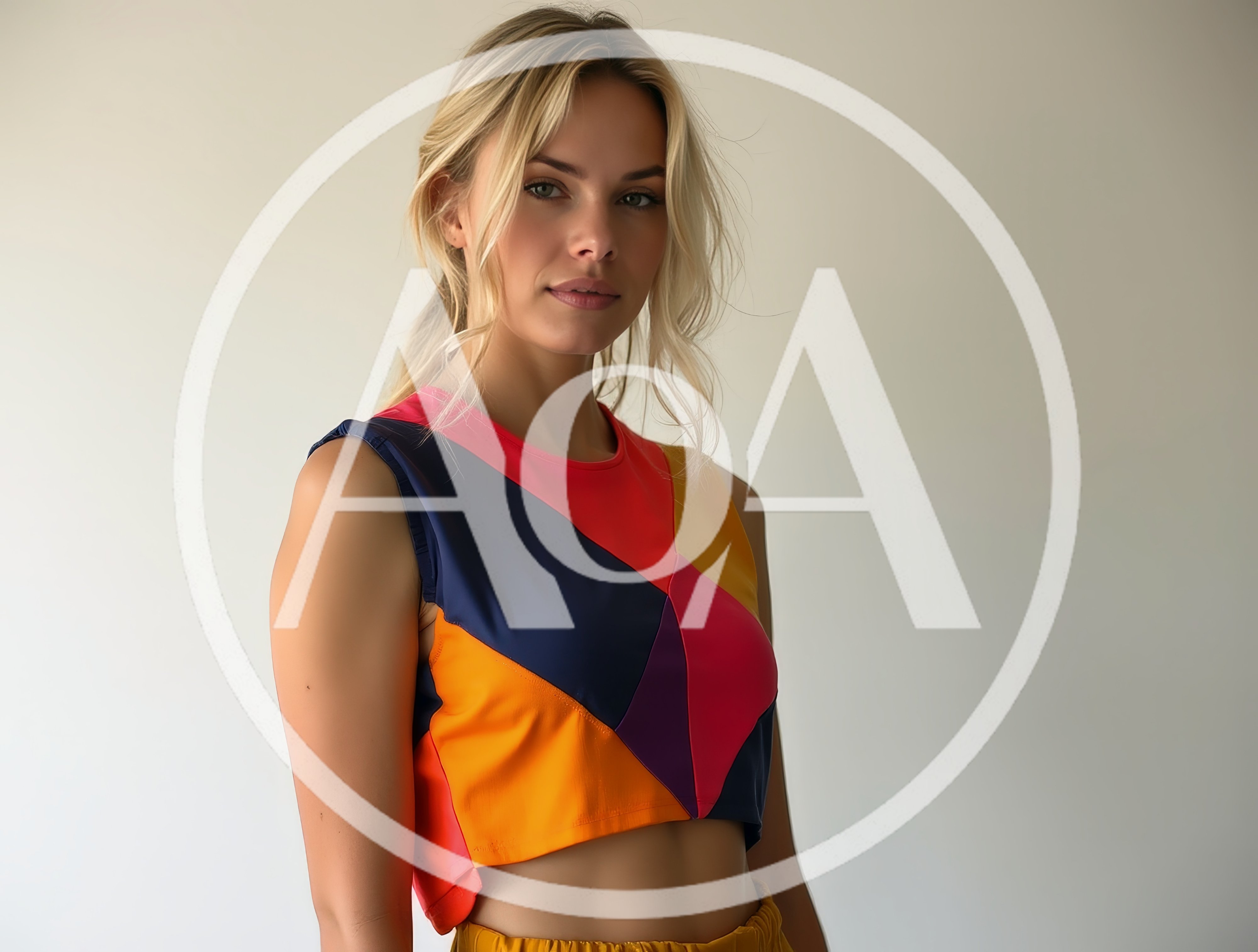 Portrait Of A Young Blonde Woman In Colorful Top