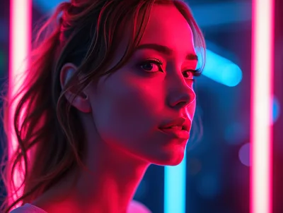 Portrait Of A Young Woman In Neon Lighting