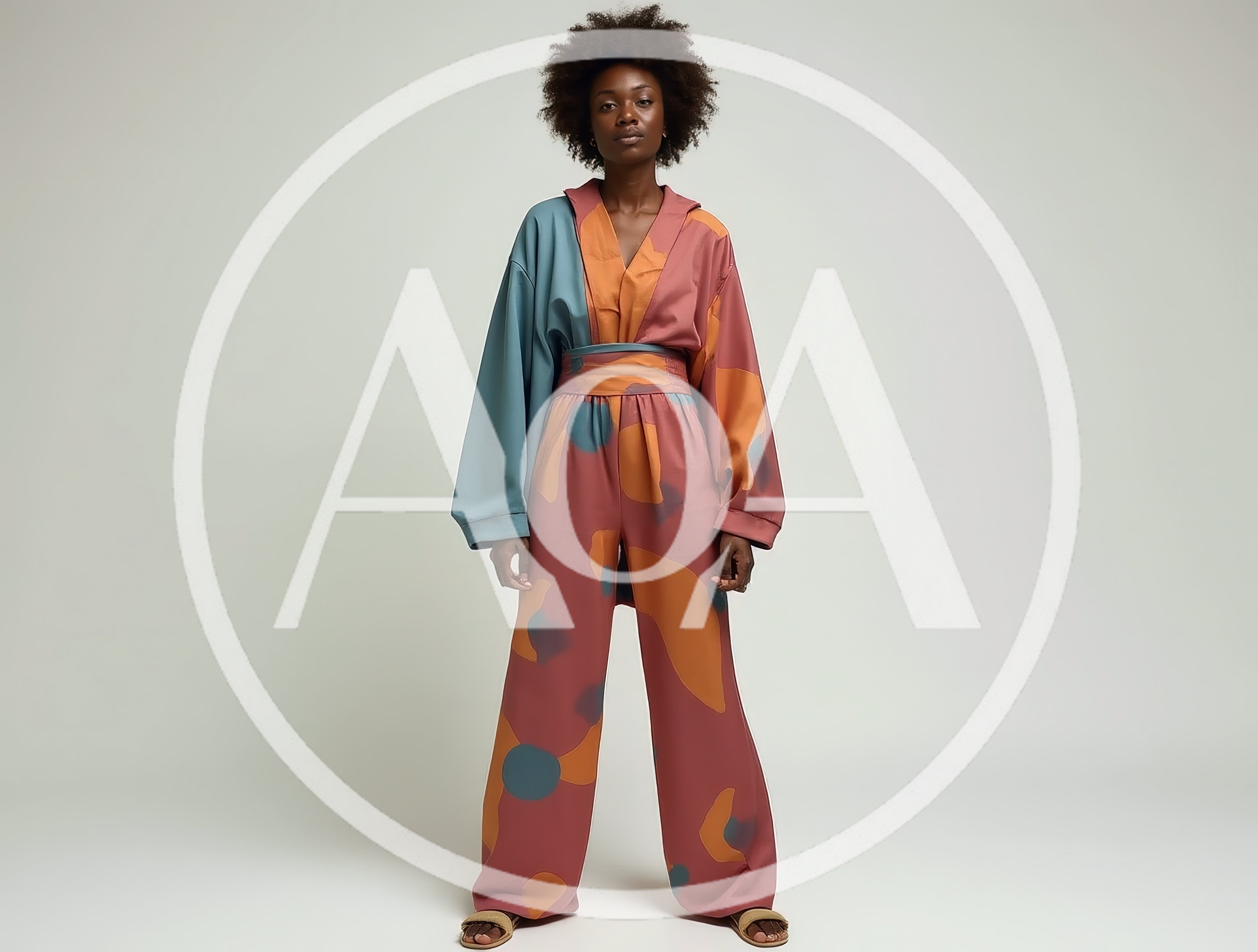 Fashion Model Wearing Abstract Patterned Jumpsuit
