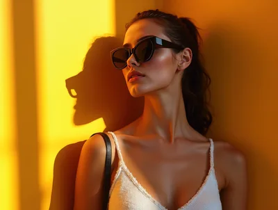 Stylish Woman Posing In Sunglasses Against Yellow Wall