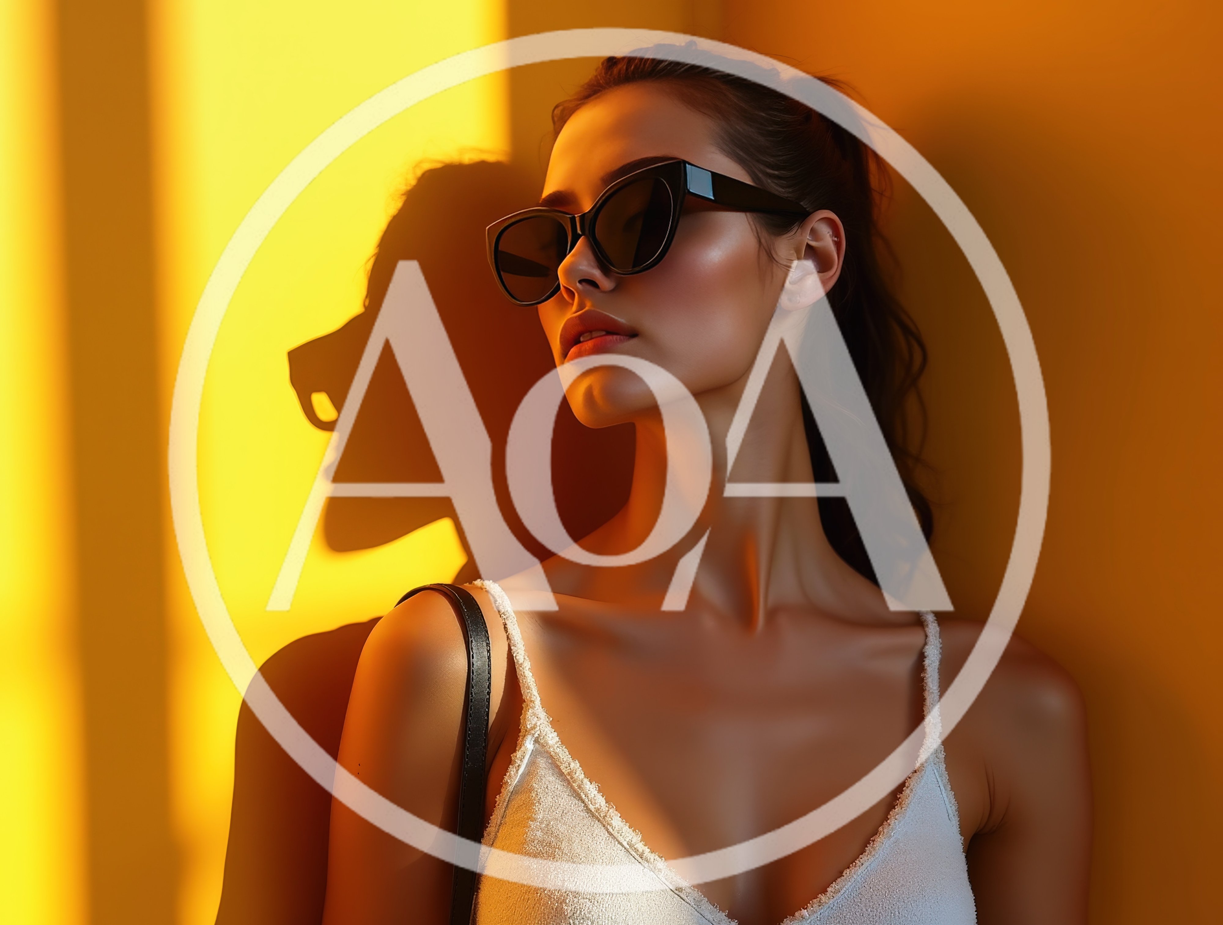 Stylish Woman Posing In Sunglasses Against Yellow Wall