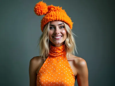 Smiling Blonde Woman Wearing Orange Pom Pom Beanie