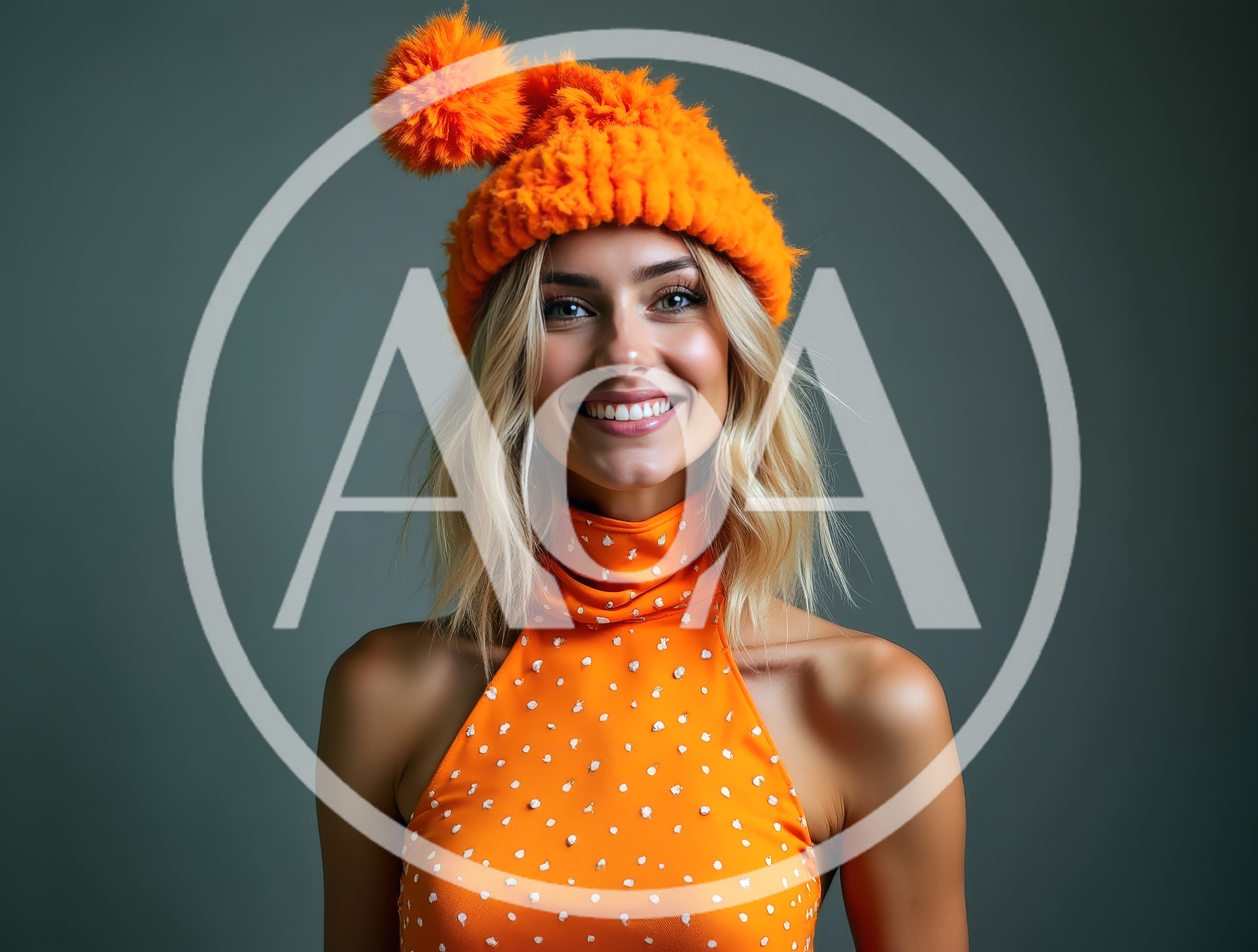 Smiling Blonde Woman Wearing Orange Pom Pom Beanie