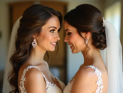 Two Beautiful Brides Smiling At Each Other