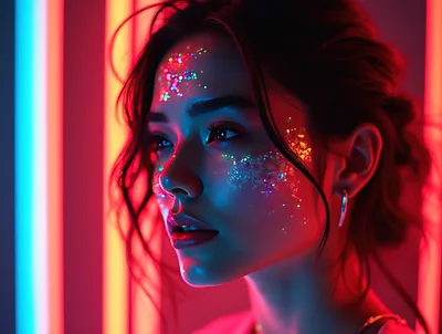 Portrait Of A Woman With Neon Glitter Makeup