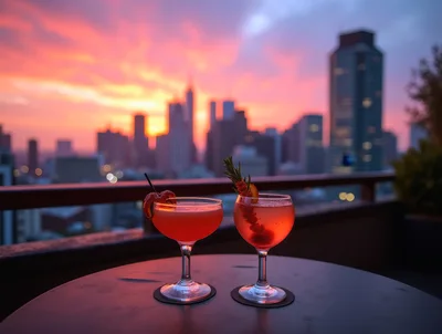 Two Cocktails on a Rooftop Terrace at Sunset