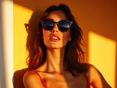 Woman Wearing Sunglasses Posing Against A Yellow Wall