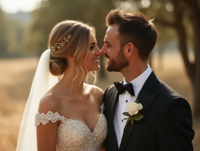 Happy Newlywed Couple Sharing An Intimate Moment Outdoors