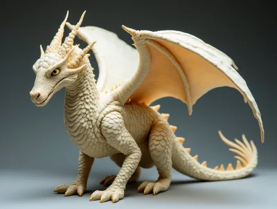 Intricate Cream Colored Dragon Figurine On Grey Background