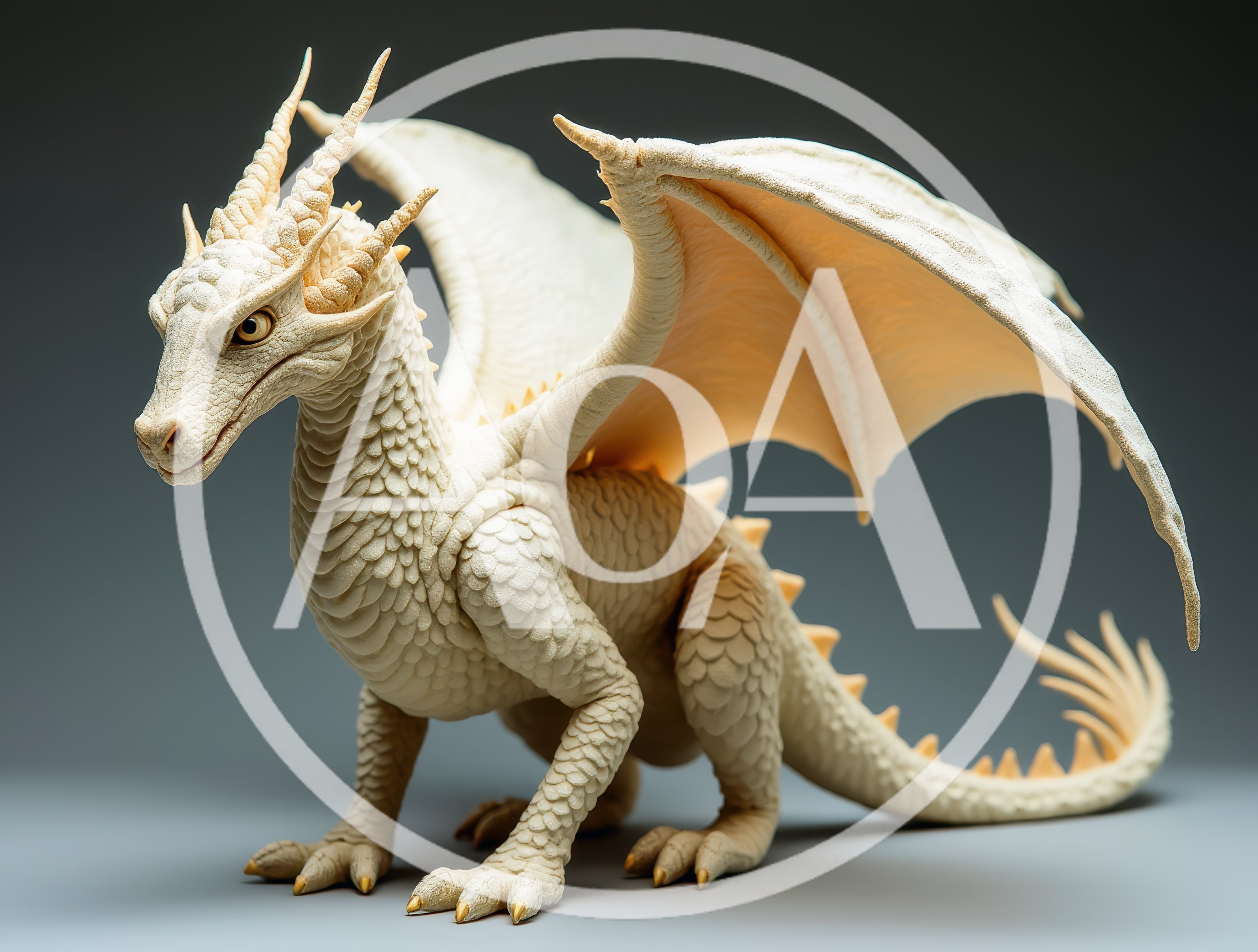 Intricate Cream Colored Dragon Figurine On Grey Background