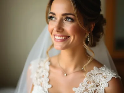 Beautiful Bride Smiling In Wedding Dress