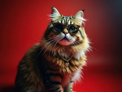 Portrait Of A Fluffy Tabby Cat Wearing Glasses