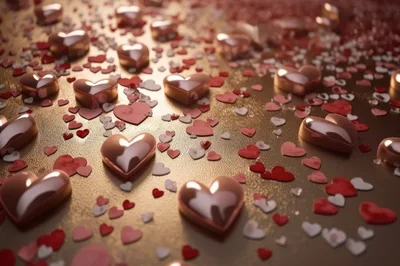 Shiny Metallic Hearts Scattered On Gold Surface