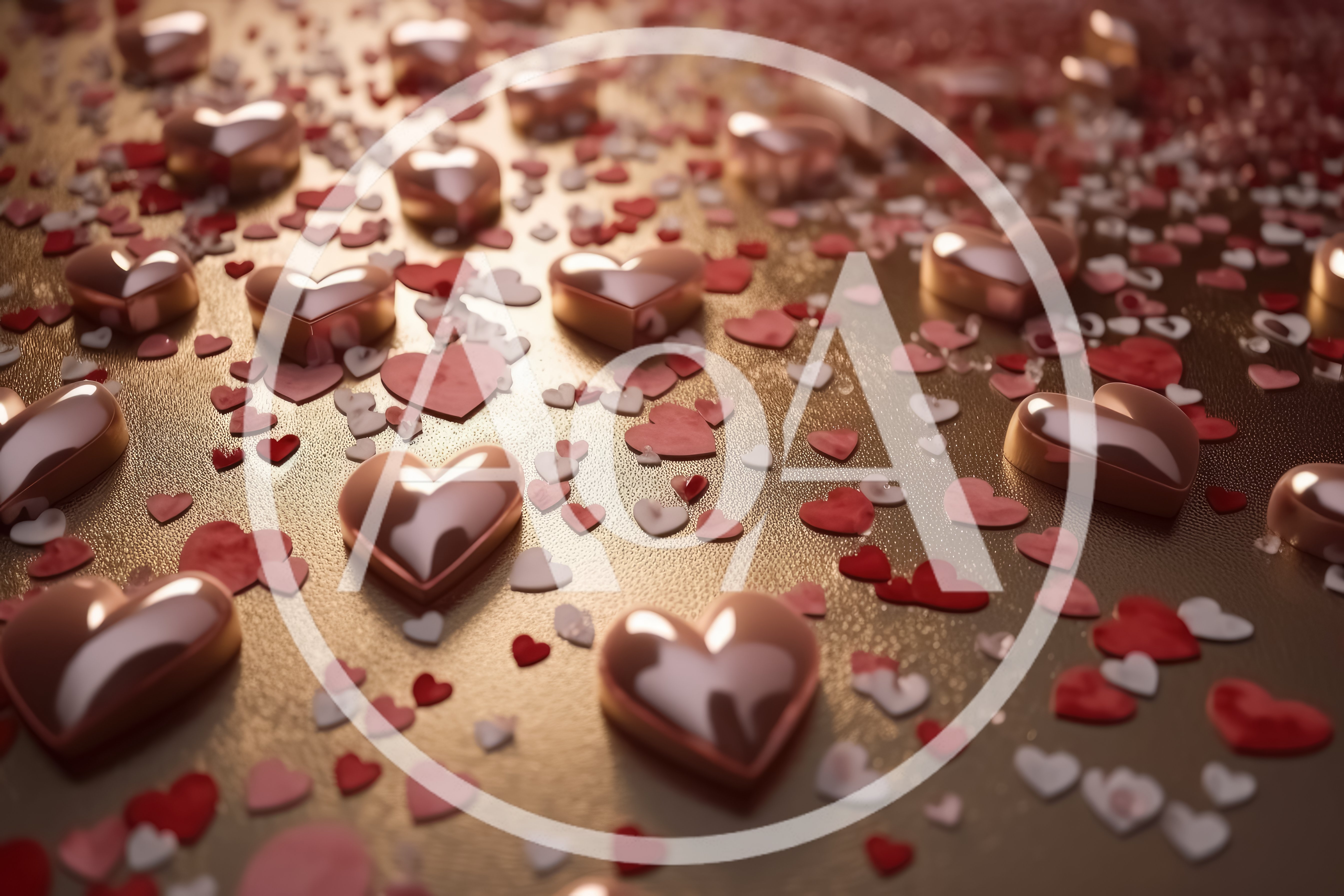 Shiny Metallic Hearts Scattered On Gold Surface