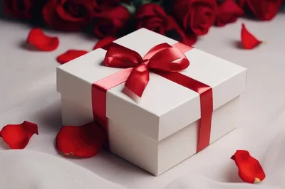 White Gift Box With Red Ribbon And Rose Petals
