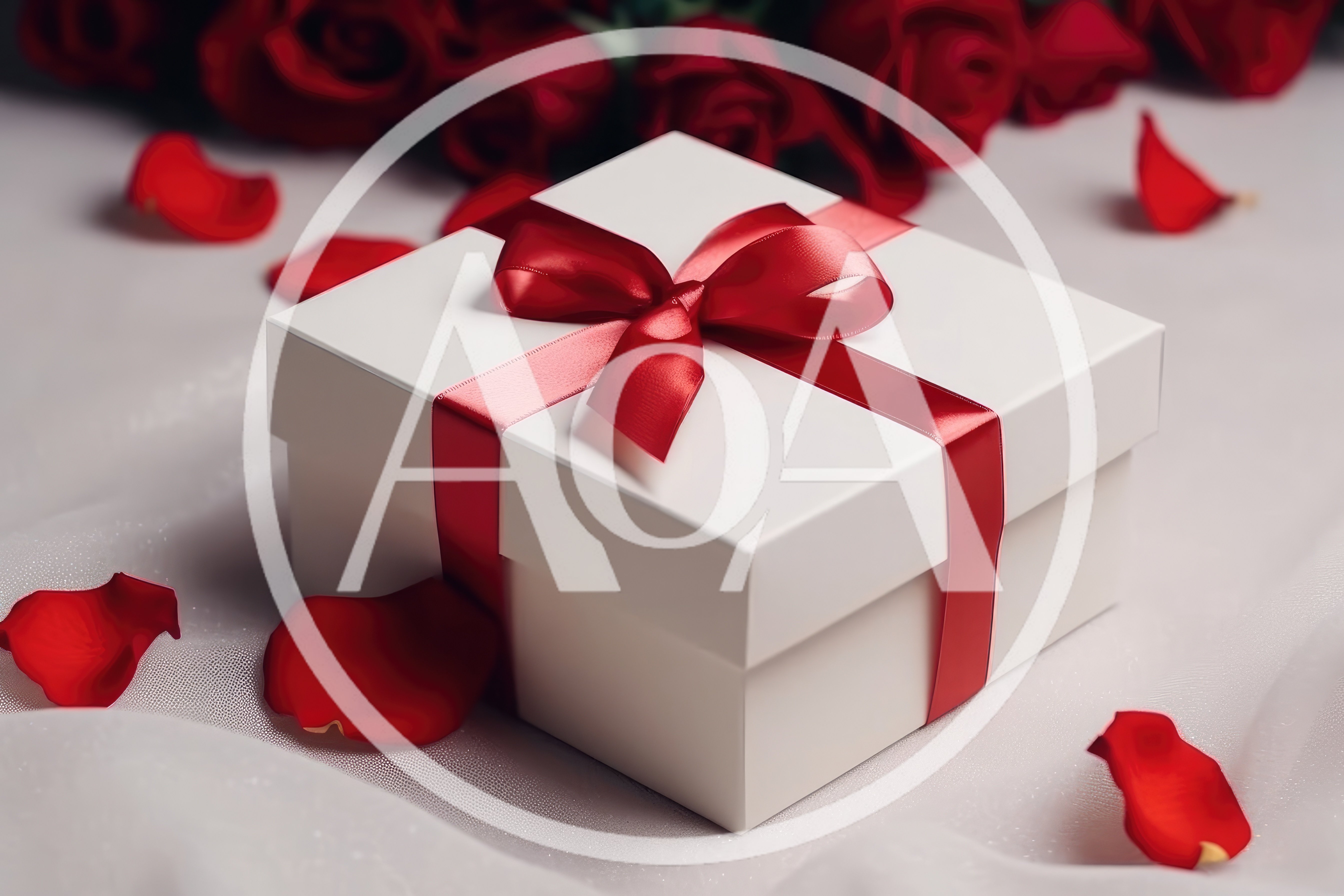 White Gift Box With Red Ribbon And Rose Petals