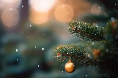 Golden Christmas Ornament Hanging on Pine Branch