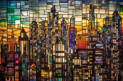 Stained Glass City Skyline Art Piece