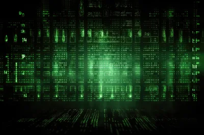 Digital Matrix Code Background with Glowing Green Data