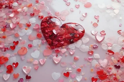 Red Heart Shaped Confetti Floating In Milky Water