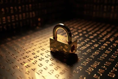Golden Padlock Resting On A Surface Of Digital Code