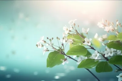 Spring Cherry Blossom Branch Against Soft Blue Background