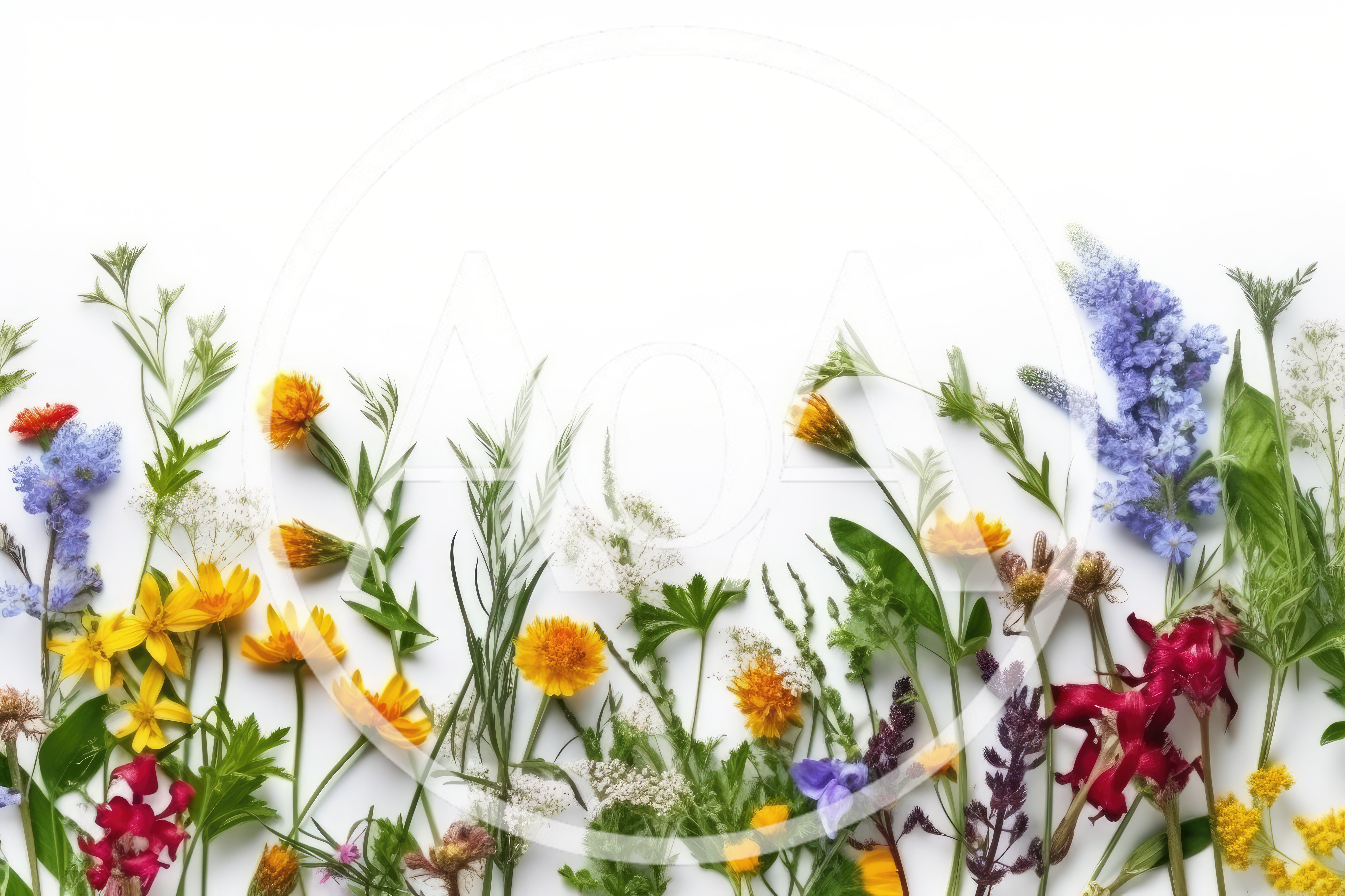 Assorted Wildflowers Arranged on White Background