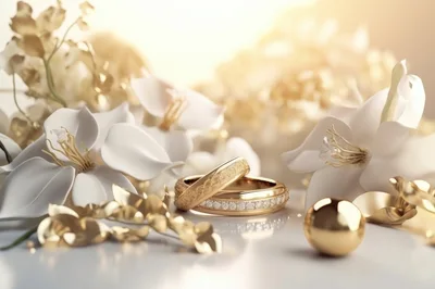 Two Elegant Gold Wedding Rings With White Flowers