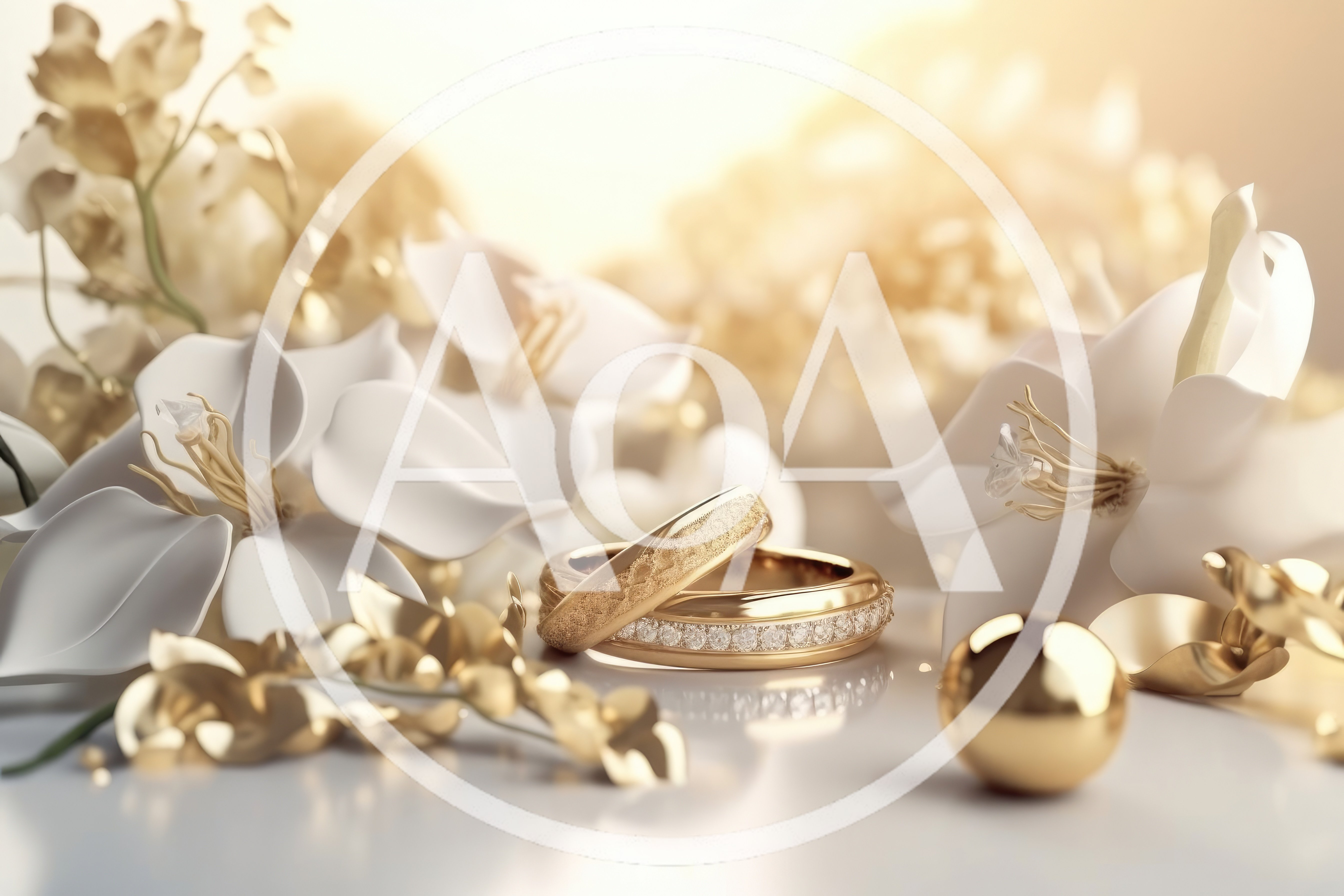 Two Elegant Gold Wedding Rings With White Flowers