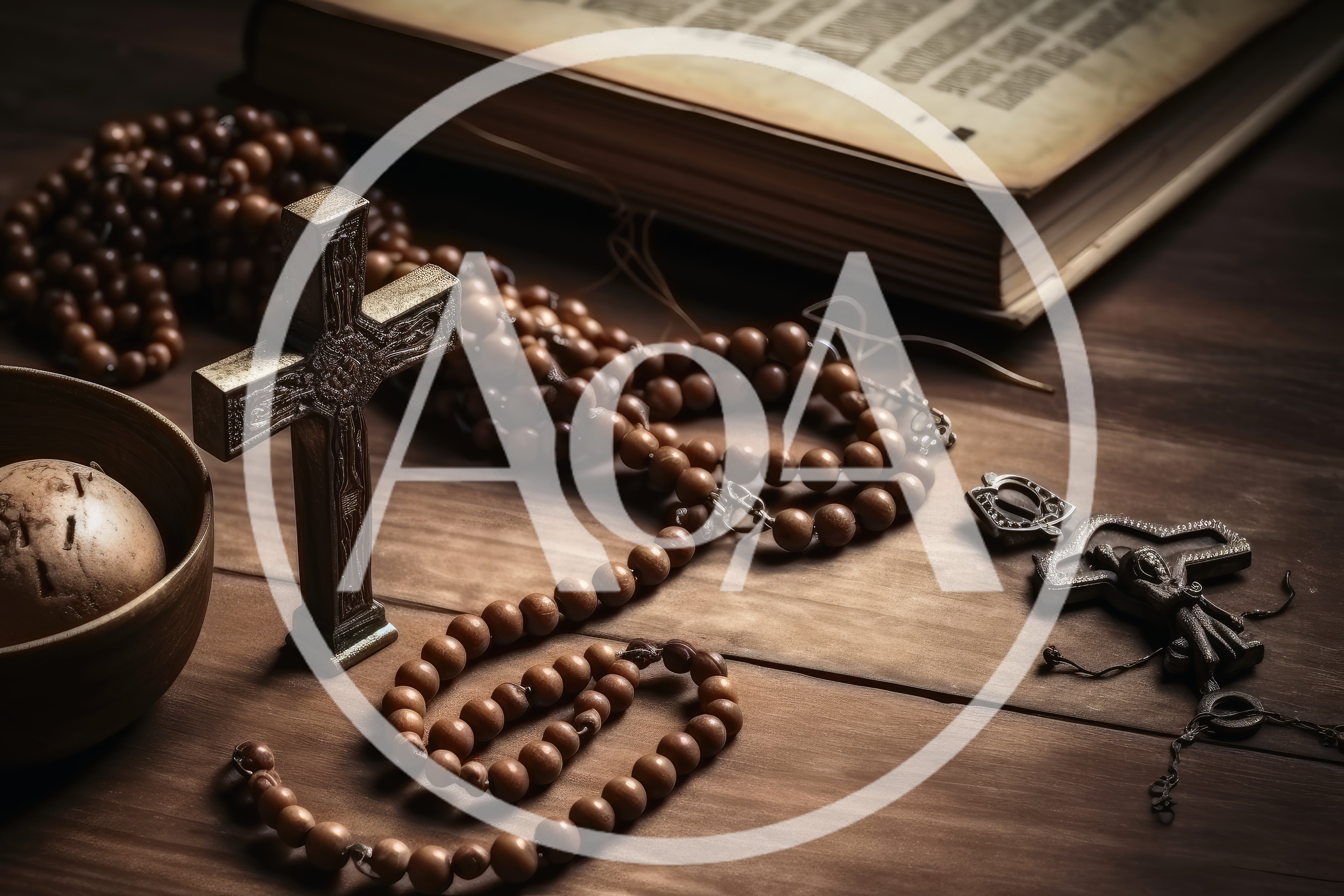 Religious Objects Including Rosary Beads And A Cross