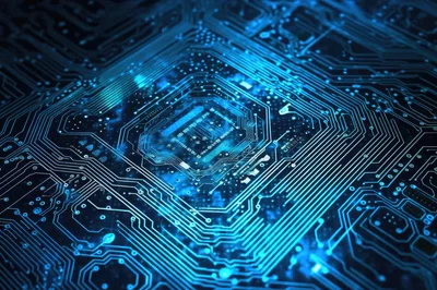 Abstract Digital Circuit Board With Glowing Blue Data Pathways