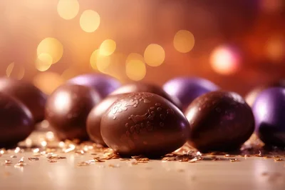 Chocolate Easter Eggs With Gold Confetti On Wooden Surface