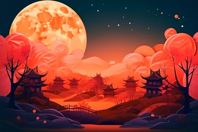 Stylized Asian Landscape With Pagodas Under A Full Moon