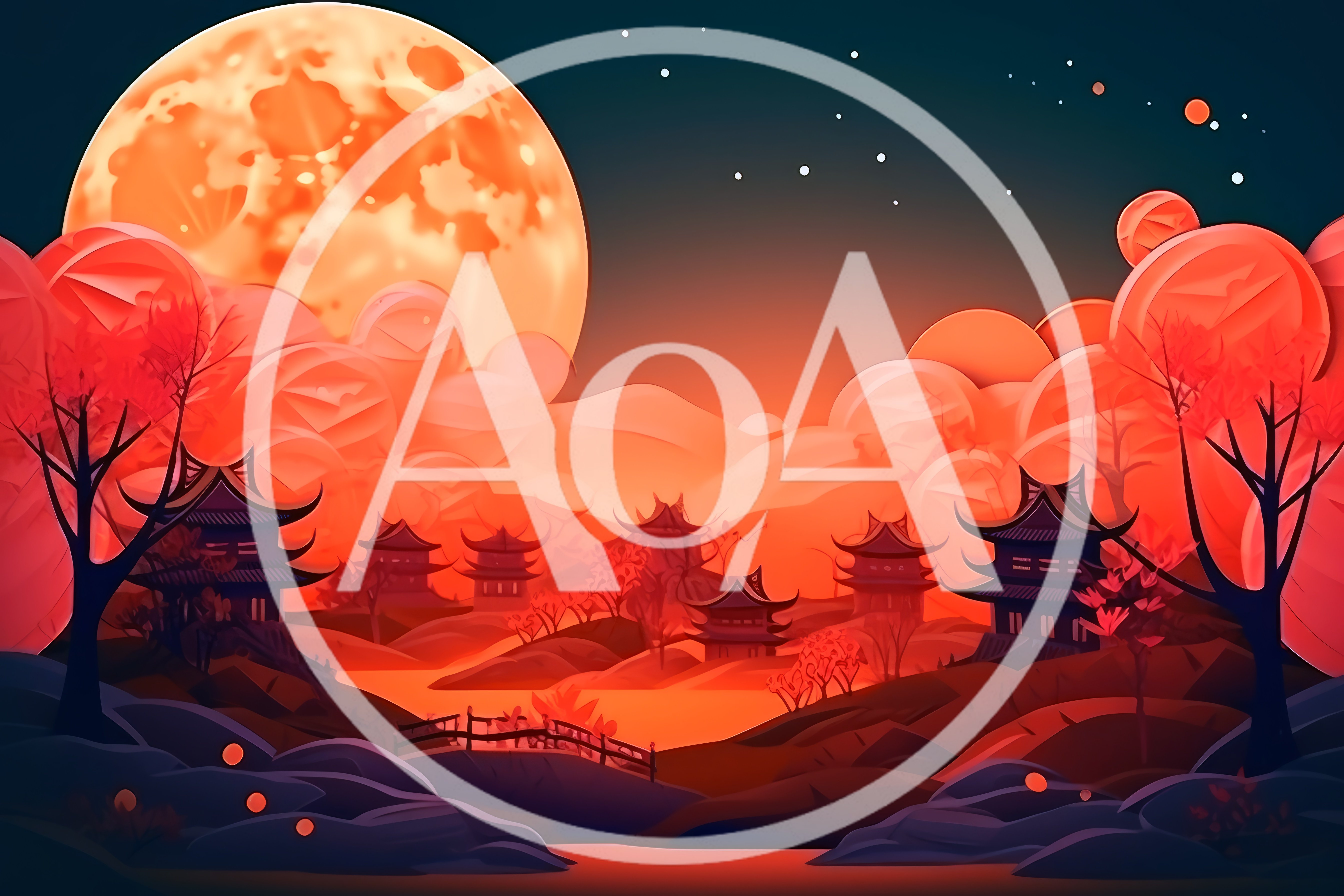 Stylized Asian Landscape With Pagodas Under A Full Moon