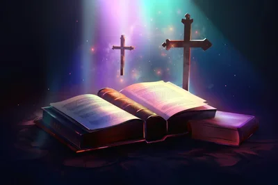 Open Bible With Glowing Crosses In Ethereal Light