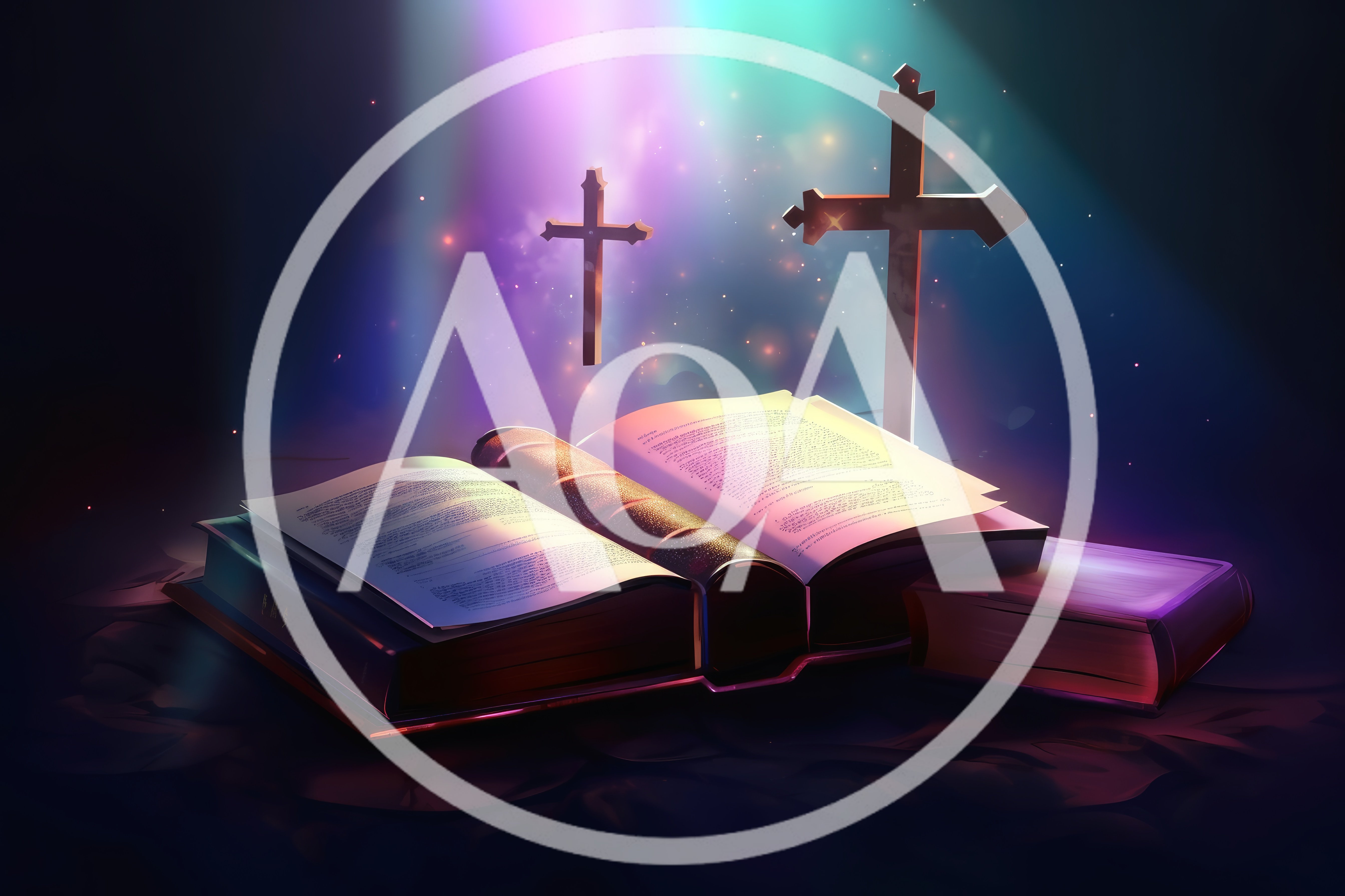 Open Bible With Glowing Crosses In Ethereal Light