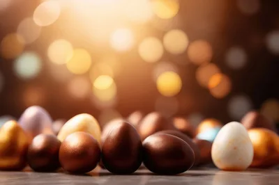 Assorted Metallic Easter Eggs On A Reflective Surface