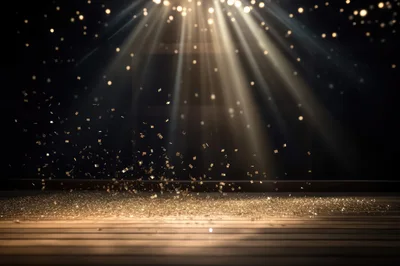 Golden Confetti Falling On A Dark Wooden Stage