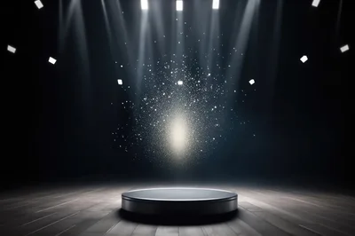 Empty Circular Stage With Confetti And Spotlights