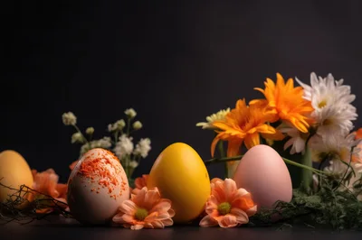 Easter Eggs With Spring Flowers On Dark Background