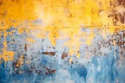 Weathered Concrete Wall With Peeling Yellow And Blue Paint
