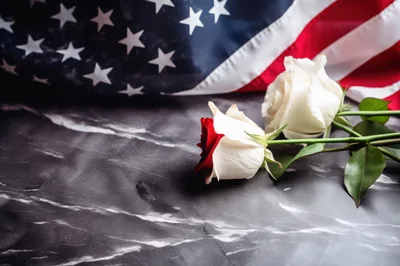 White And Red Roses On Marble With American Flag