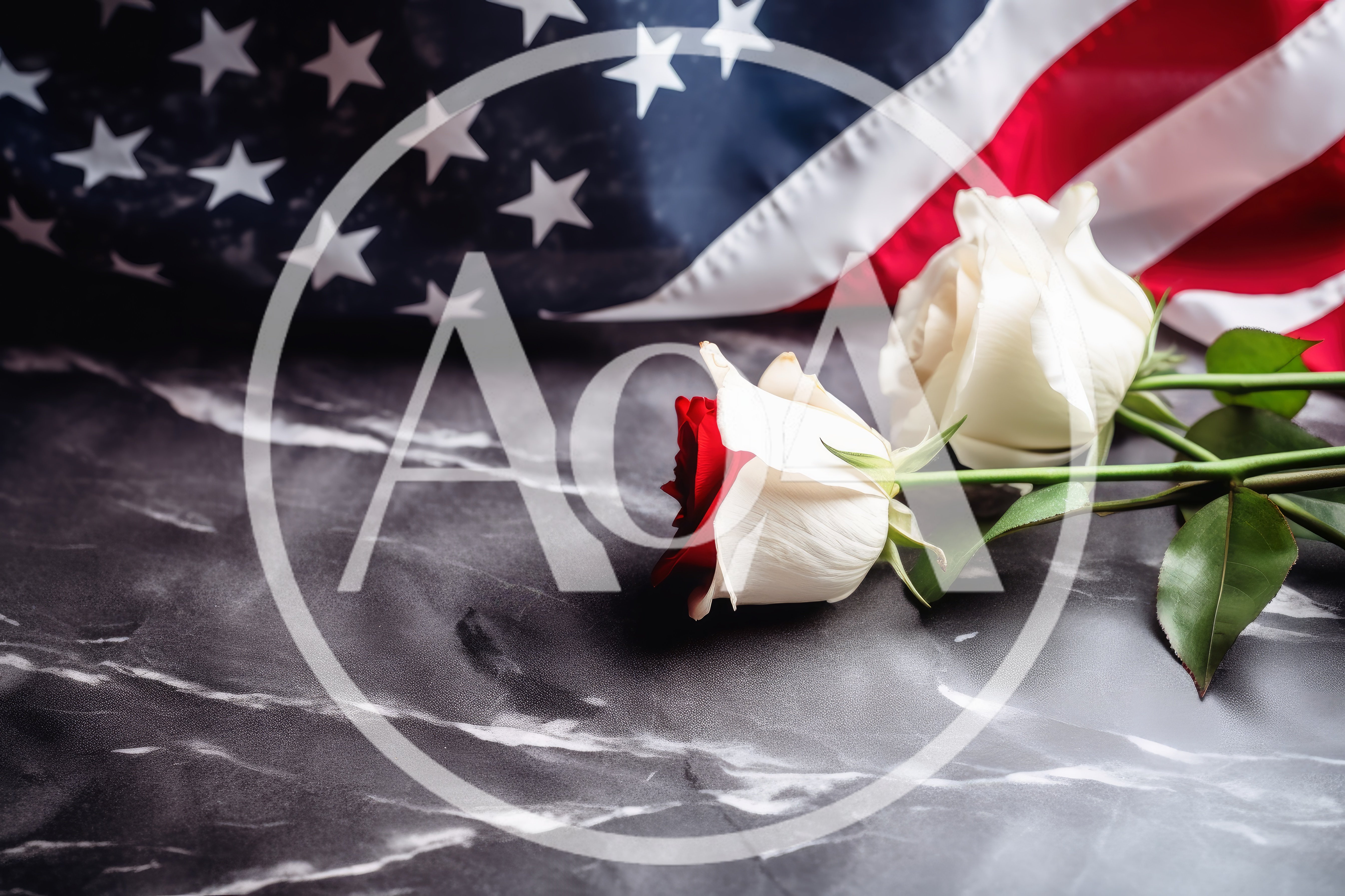 White And Red Roses On Marble With American Flag