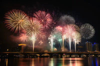 Spectacular Fireworks Display Over City Bridge At Night