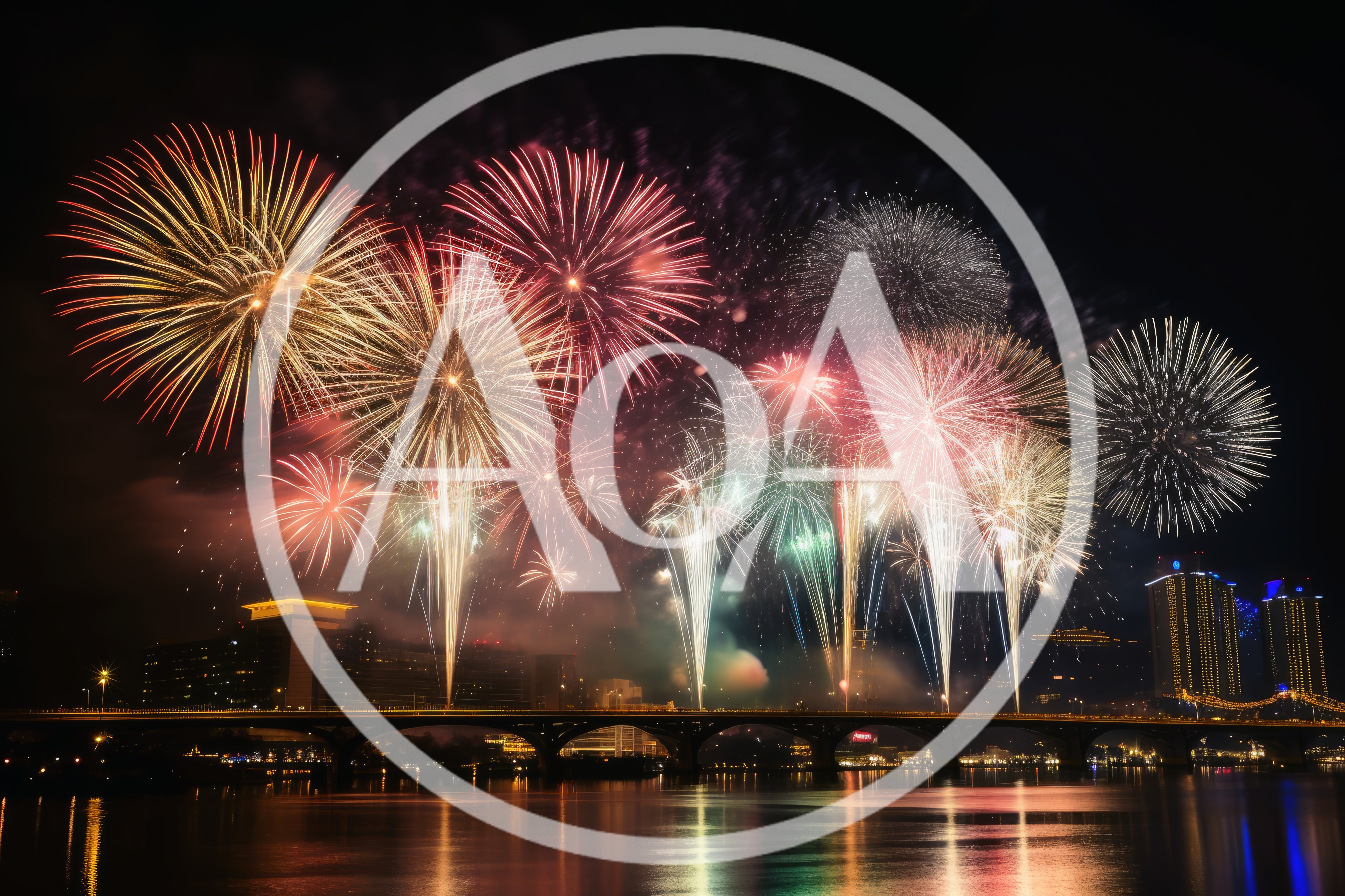 Spectacular Fireworks Display Over City Bridge At Night